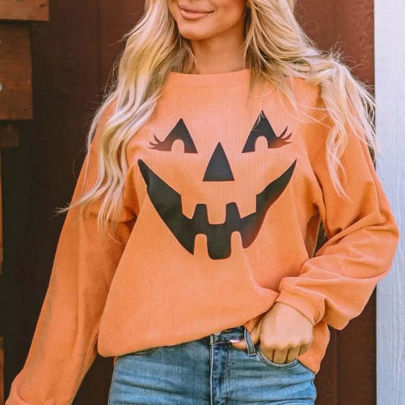 Orange Pumpkin Smile Face Graphic Sweatshirt - Picture 5 of 9